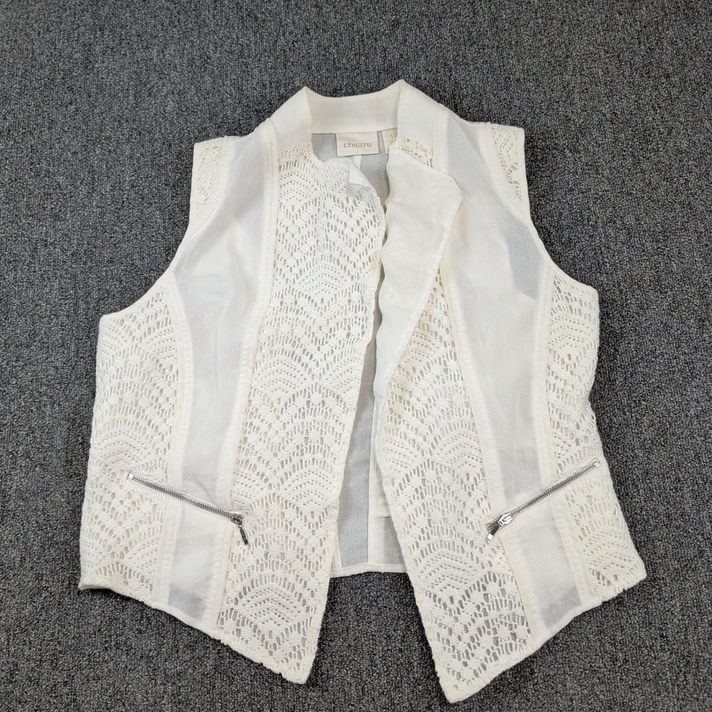 Chico's Boho Crochet Lace‎ Moto Vest Size 1 White Open Front Layering Bohemian